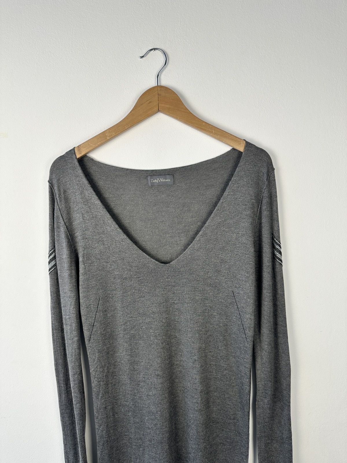 Zadig & Voltaire ZADIG & VOLTAIRE Grey V-Neck Dress Chevron Rhinestone Studs Size L / US 10 / IT 46 - 6 Thumbnail