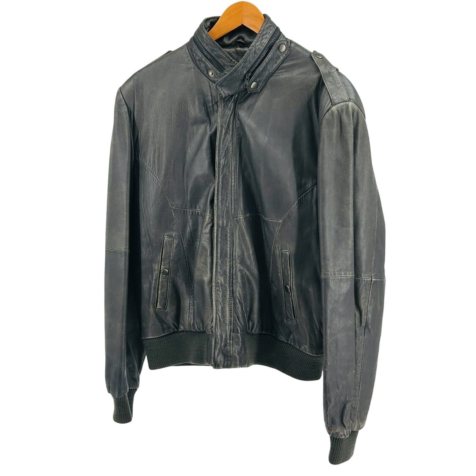 Bloomingdale's Vintage 80s Black Genuine Leather Distressed Bomber Jacket Size US L / EU 52-54 / 3 - 1 Thumbnail