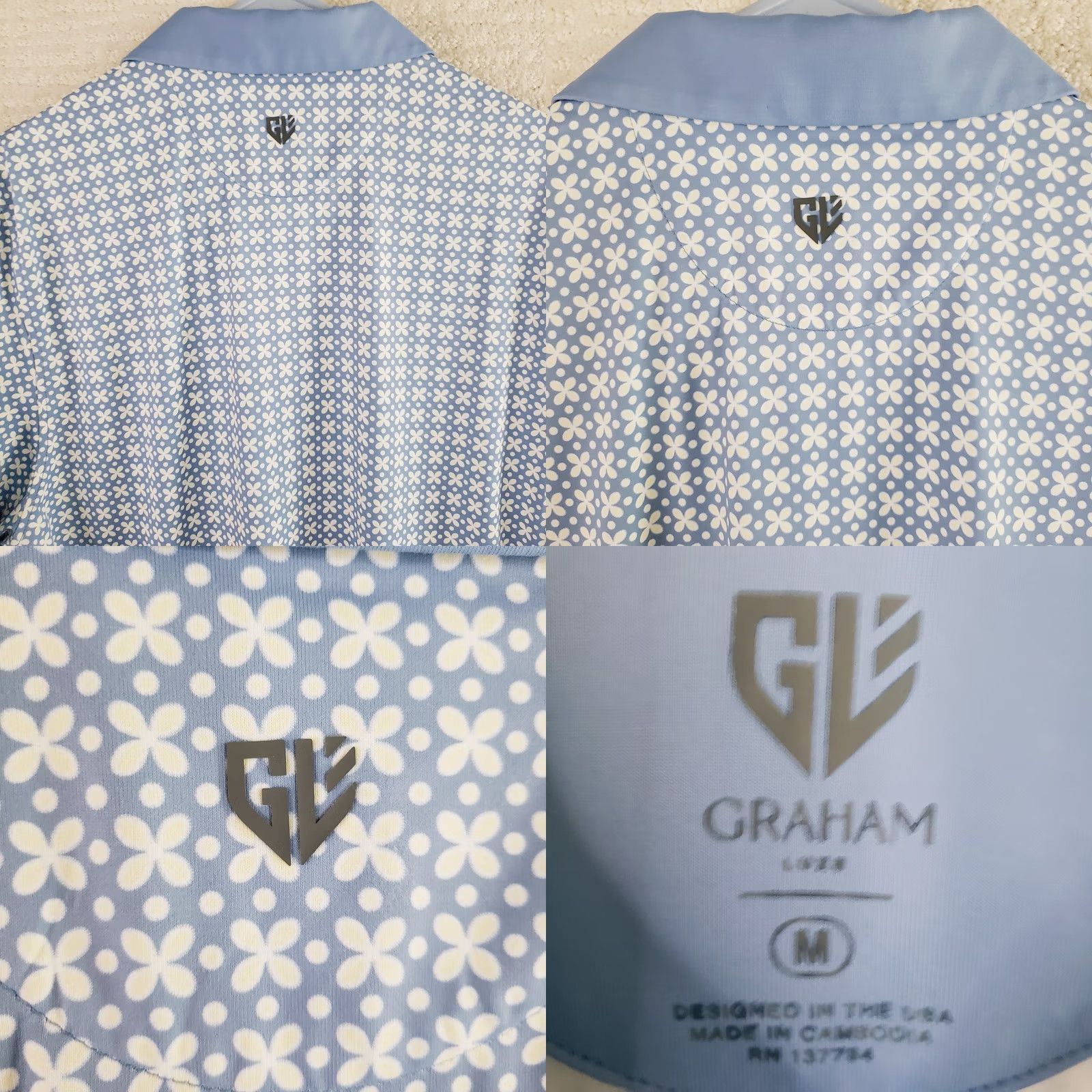Vintage Graham Luxe Polo Shirt Men's M Blue Floral Geometric Stretch Golf Size US M / EU 48-50 / 2 - 8 Thumbnail