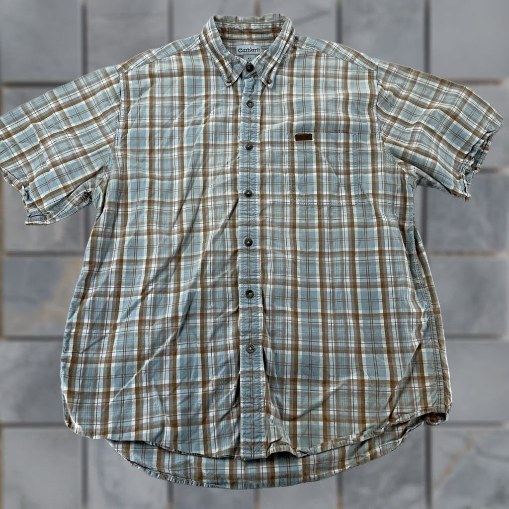 Carhartt Carhartt Plaid Work Shirt XL Light Brown Blue Casual Button Down Short Sleeve Size US XL / EU 56 / 4 - 1 Thumbnail