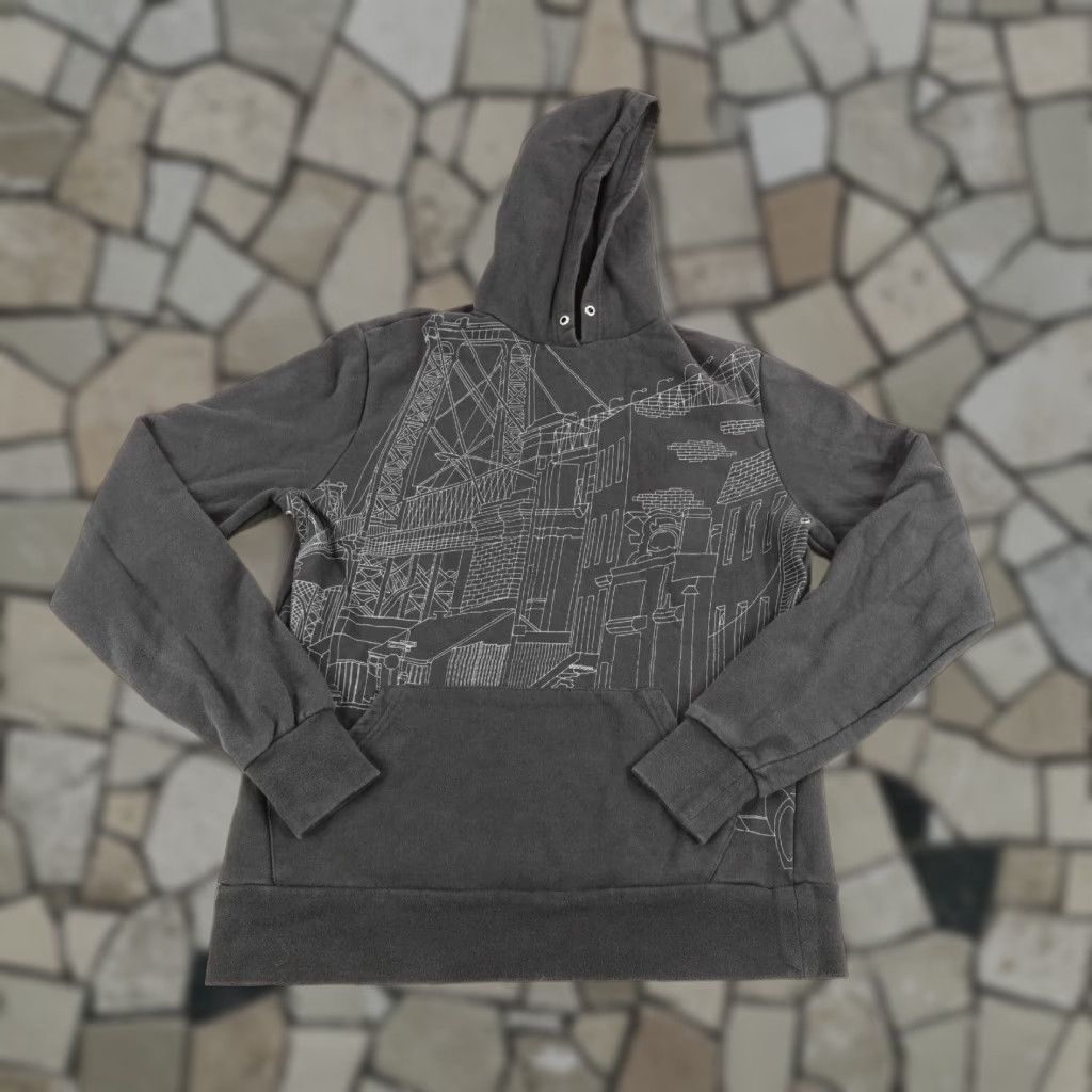 Elwood Hoodie Adult Medium Black Graphic Cityscape Print AOP Pullover Hooded Pockets Mens