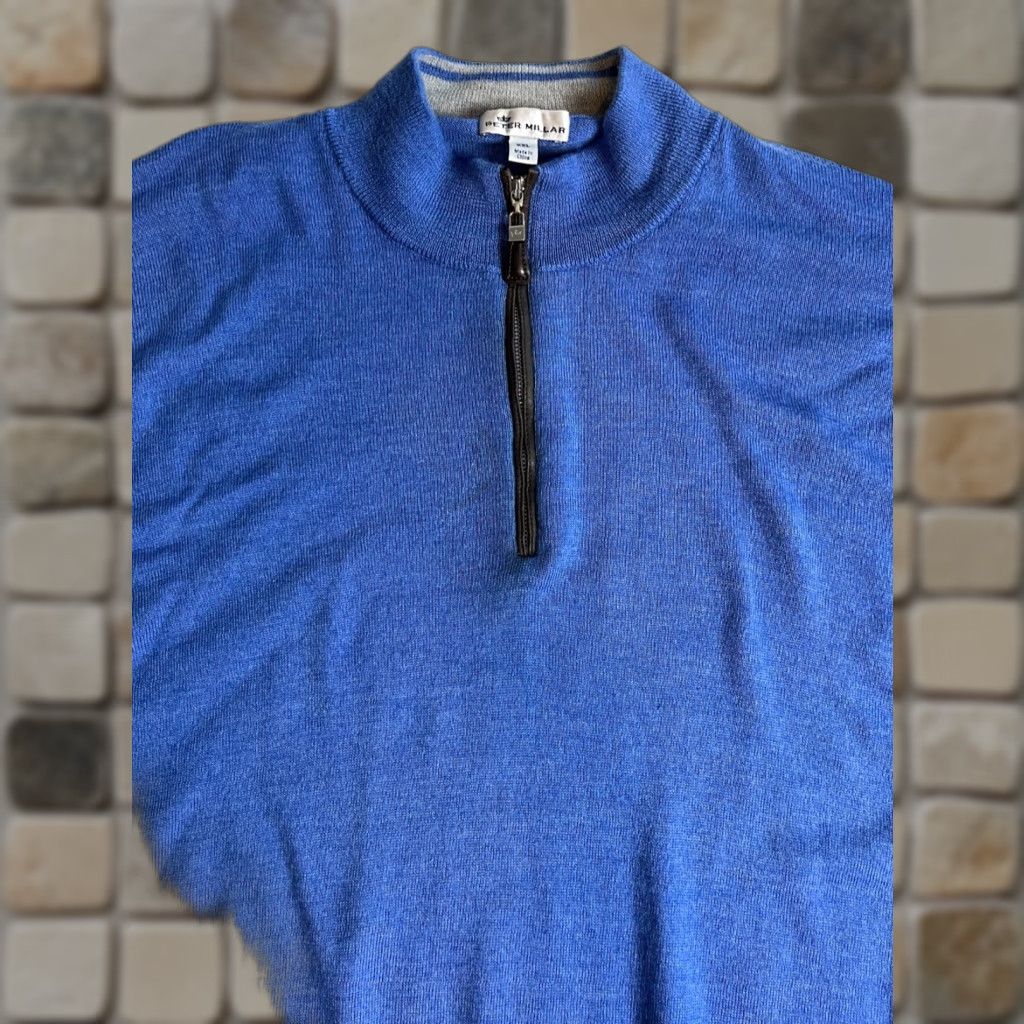 Peter Millar Peter Millar Nappa Trimmed 1/4 Zip Sweater Mens Merino Wool Silk Blue 2XL Regular Pullover Mock Neck Vintage/Preppy Style Size US XXL / EU 58 / 5 - 1 Thumbnail