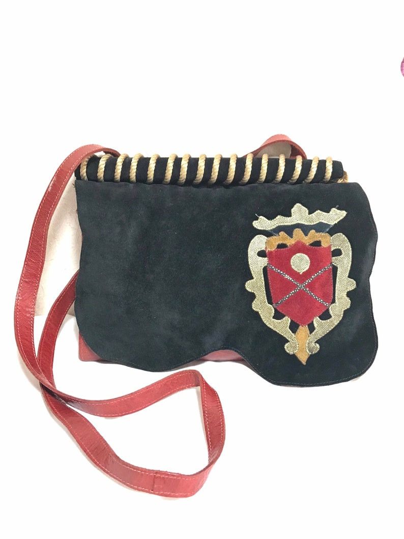 image of Vintage Carlos Falchi Black And Red Leather Book Design Messenger Shoulder Bag With Emblem Embroide