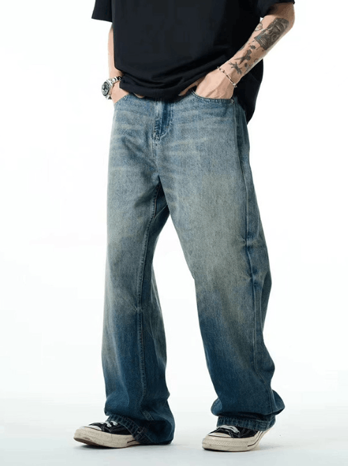 Japanese Brand Blue washed distressed men's American oversized jeans Size US 32 / EU 48 - 2 Thumbnail