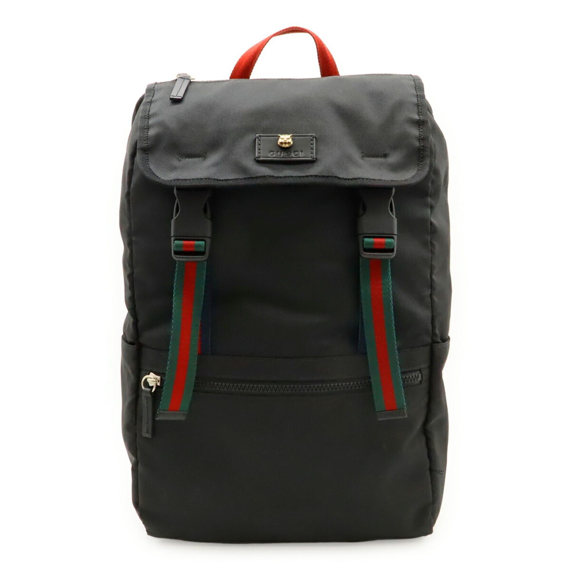GUCCI Techno Canvas Backpack with Cat Head Leather and Mesh Design in Black Navy Red Green (450982)