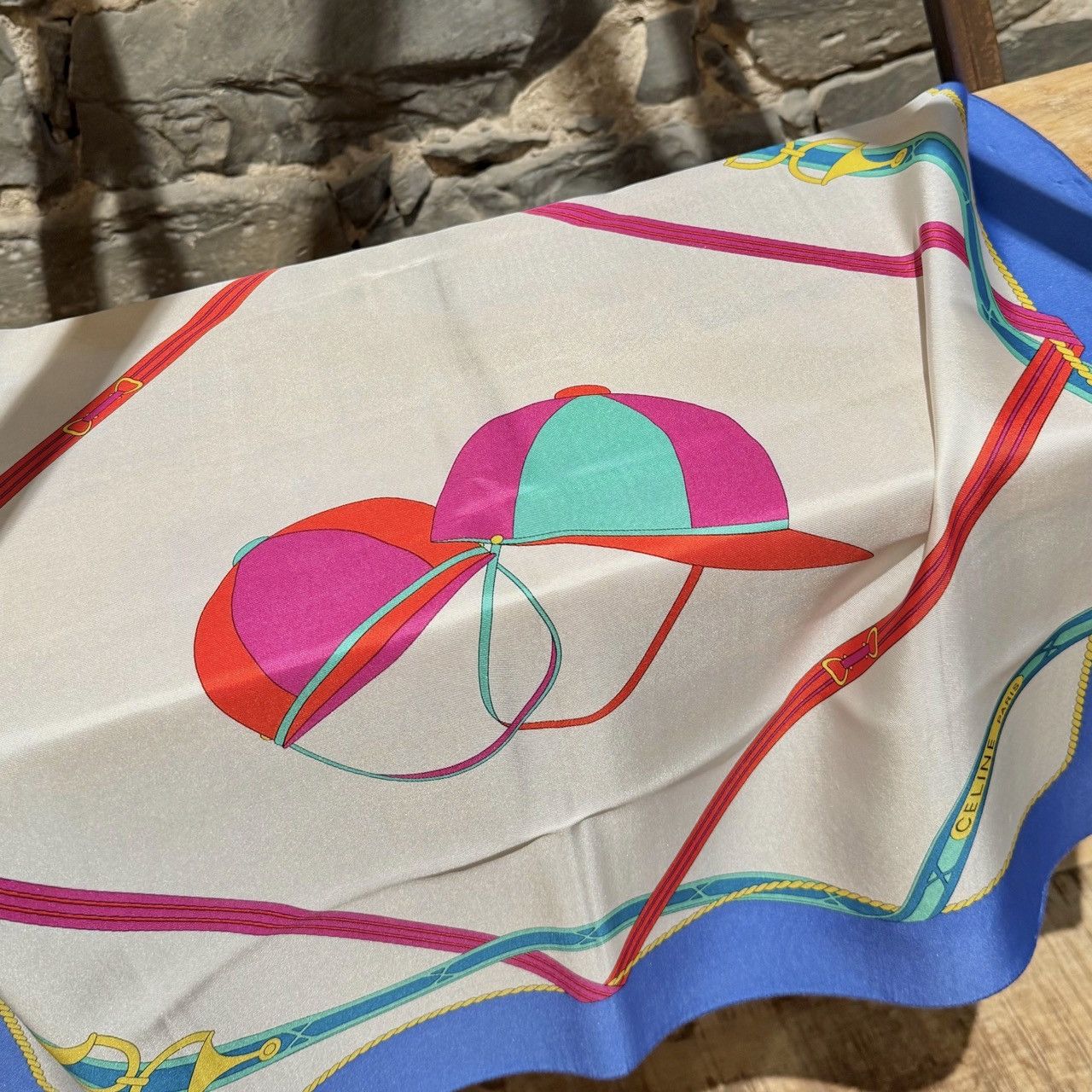 Celine Celine Vintage Ivory Blue Hat Print Silk Square Scarf Size ONE SIZE - 3 Thumbnail