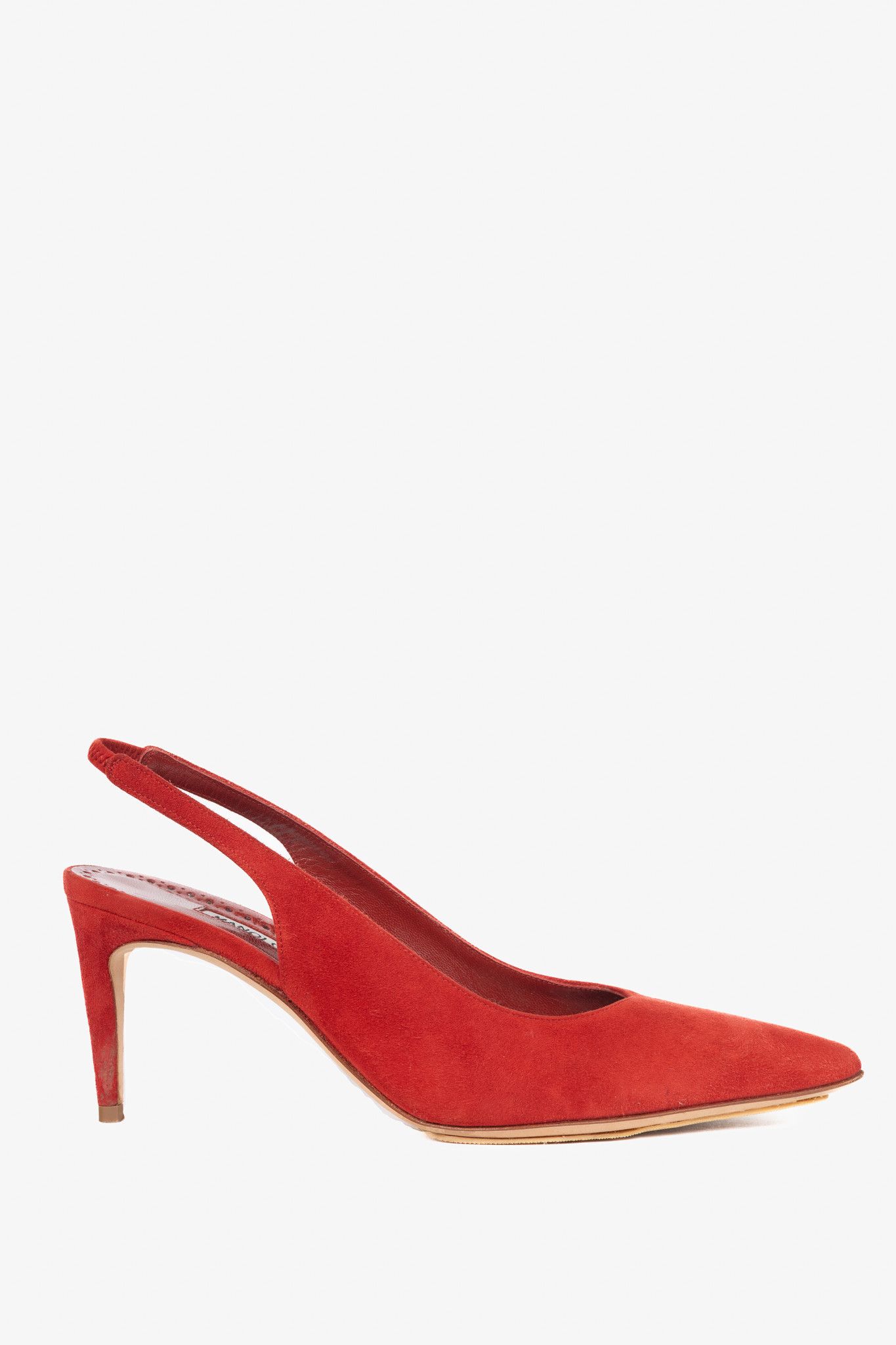 Manolo Blahnik Paledarc 70 Suede Slingback Pointed-Toe Pumps in Red, Women's (Size 6.5)