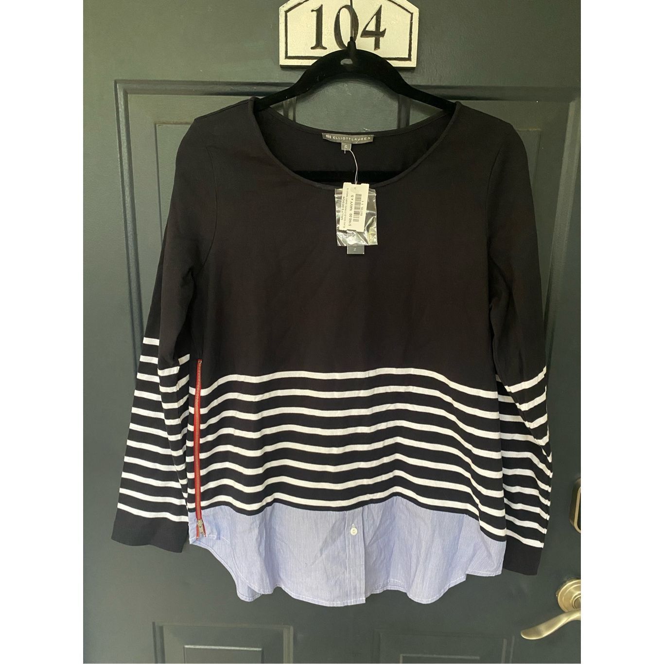 Elliott Lauren NWT Navy Blue Red Side Zipper Blouse, Size Sm