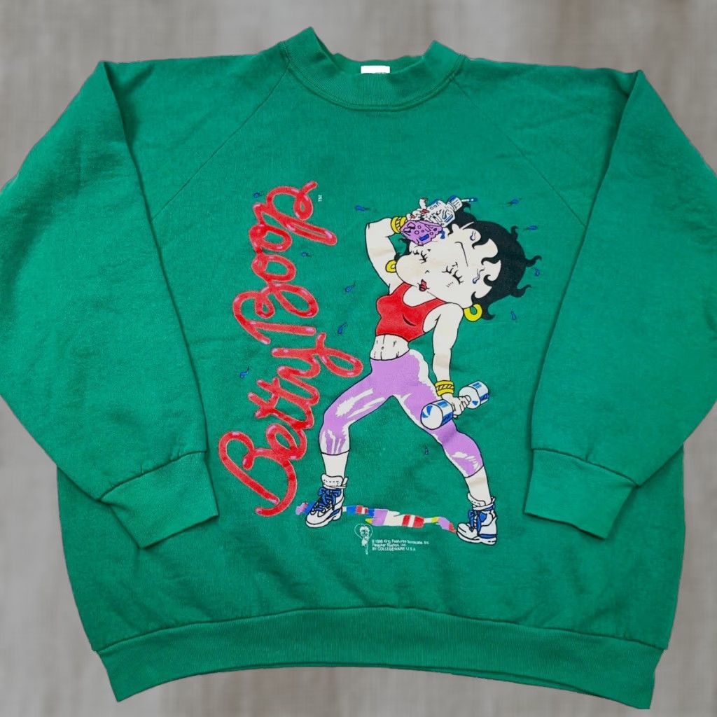 VINTAGE Betty Boop Sweatshirt Women L Green Crew Neck Sweater 90s USA Gym Nike?