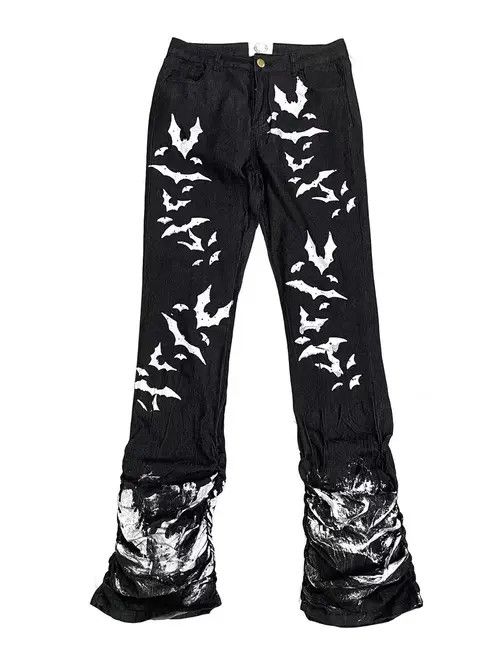 Japanese Brand × Jean Washed distressed pleated micro-flare bat-print jeans Size US 32 / EU 48 - 1 Thumbnail