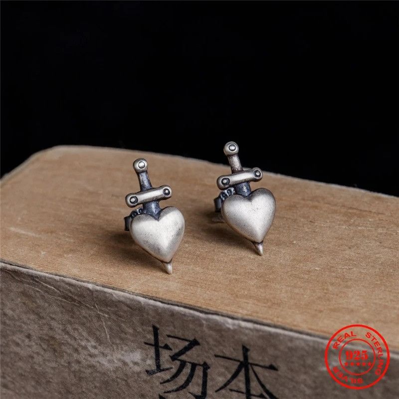Jewelry Tiny Heart Sword Stud Earrings 925 Sterling Ear Charms Gift Size ONE SIZE - 3 Thumbnail