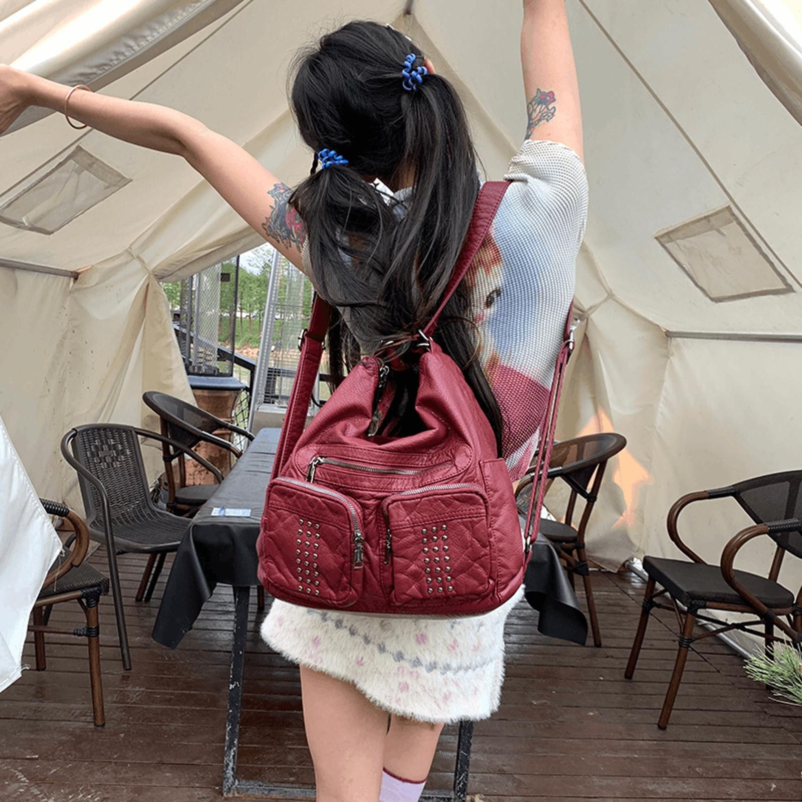 Vintage Burgundy PU Leather Shoulder Bag / Backpack Size ONE SIZE - 4 Thumbnail
