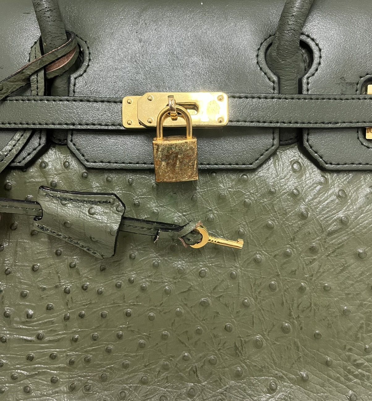 Leather Birkin Style Hand Bag Ostrich Leather Size ONE SIZE - 6 Thumbnail