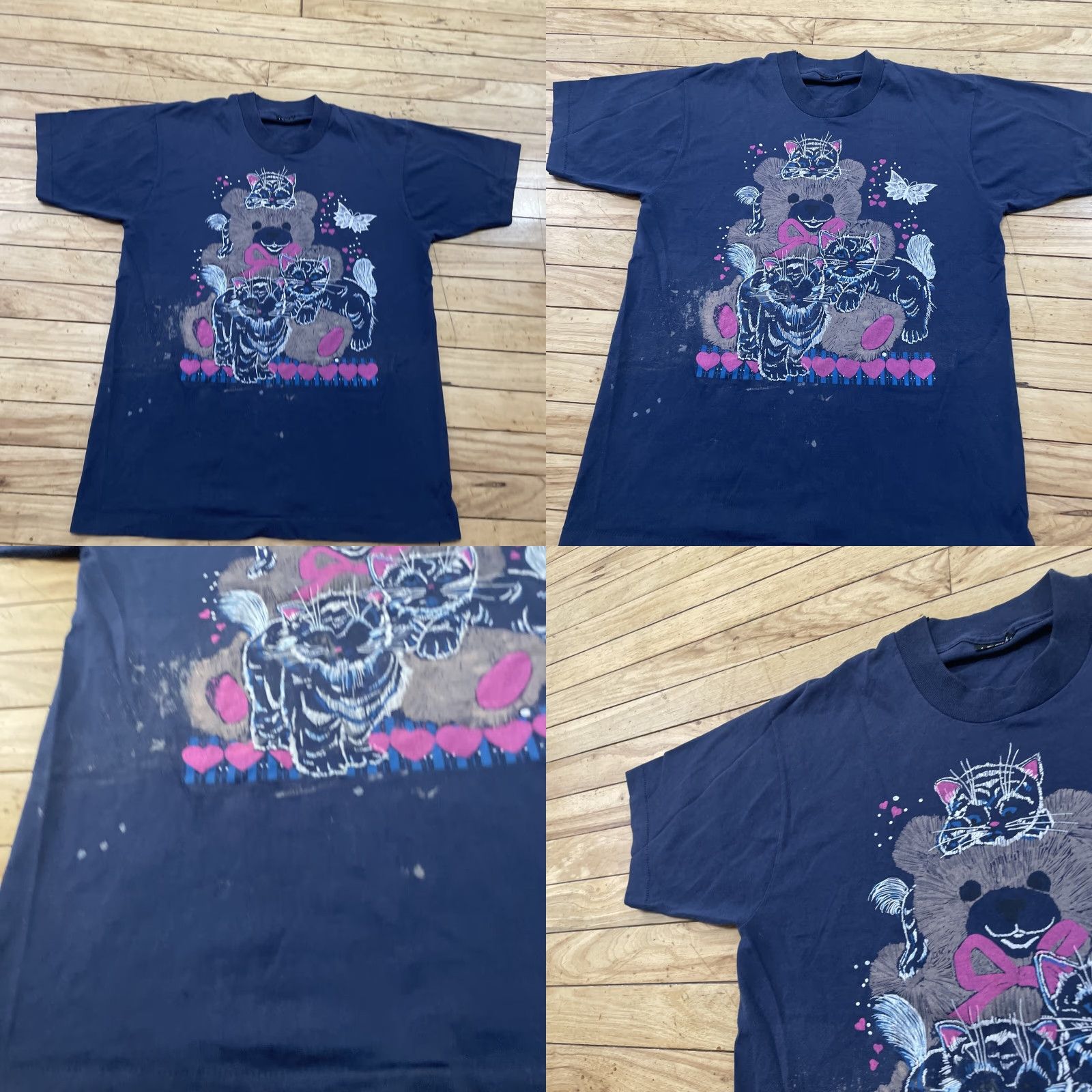 Vintage VINTAGE CATS Hearts Print Y2k Shirt Adult L Slim Blue Pink Grunge Paint Tee (L fits M) Size US L / EU 52-54 / 3 - 10 Thumbnail