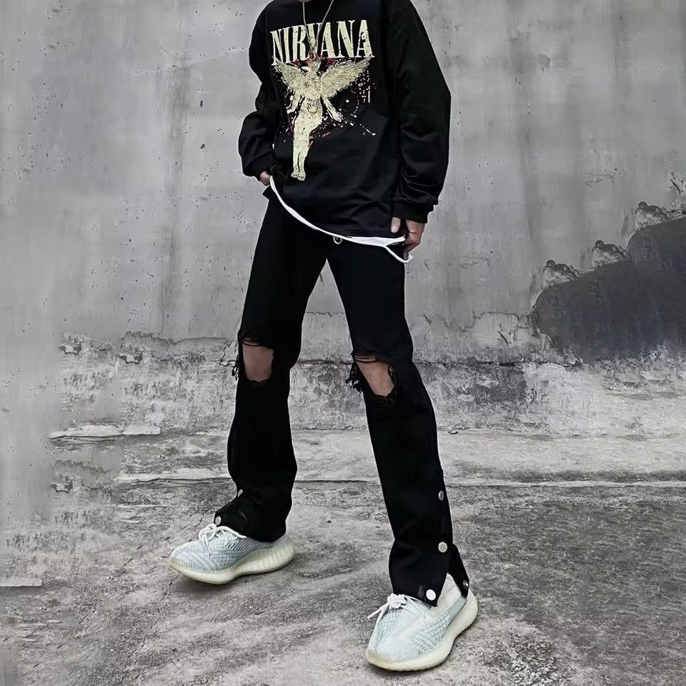 Japanese Brand × Vintage Ripped Jeans Men Streetwear Black Hole Denim Pants Size US 27 - 2 Thumbnail