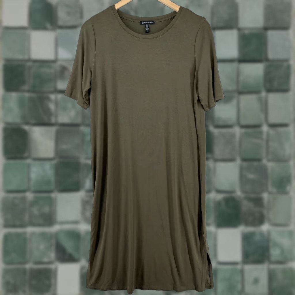 EILEEN FISHER Dress M Jersey Stretch Crew Neck Short Sleeve Side Slit Green  USA