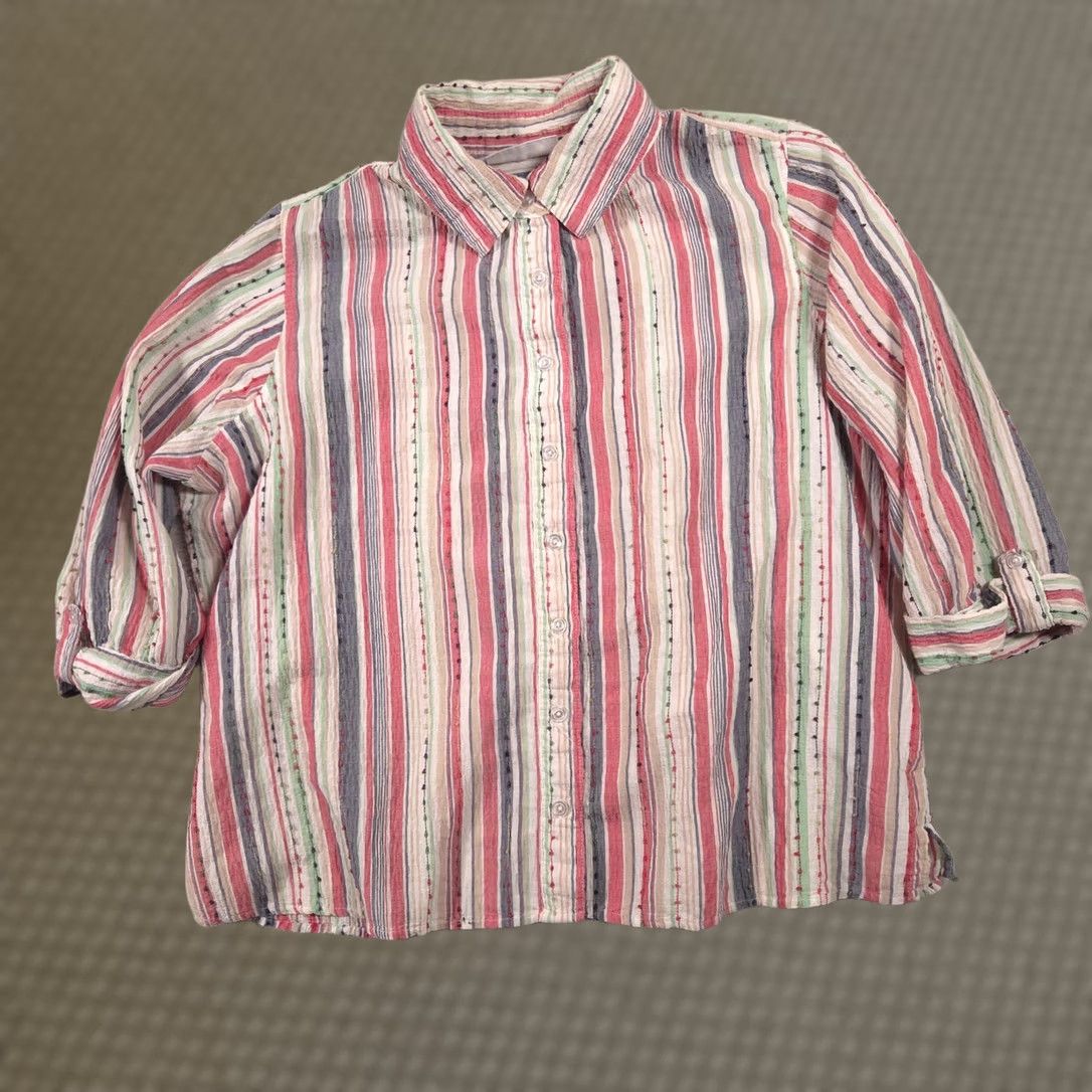 Vintage Breckenridge Shirt Womens 1X Multi Stripe Button Front Roll Tab 3/4 Sleeve Top Size XL / US 12-14 / IT 48-50 - 1 Thumbnail
