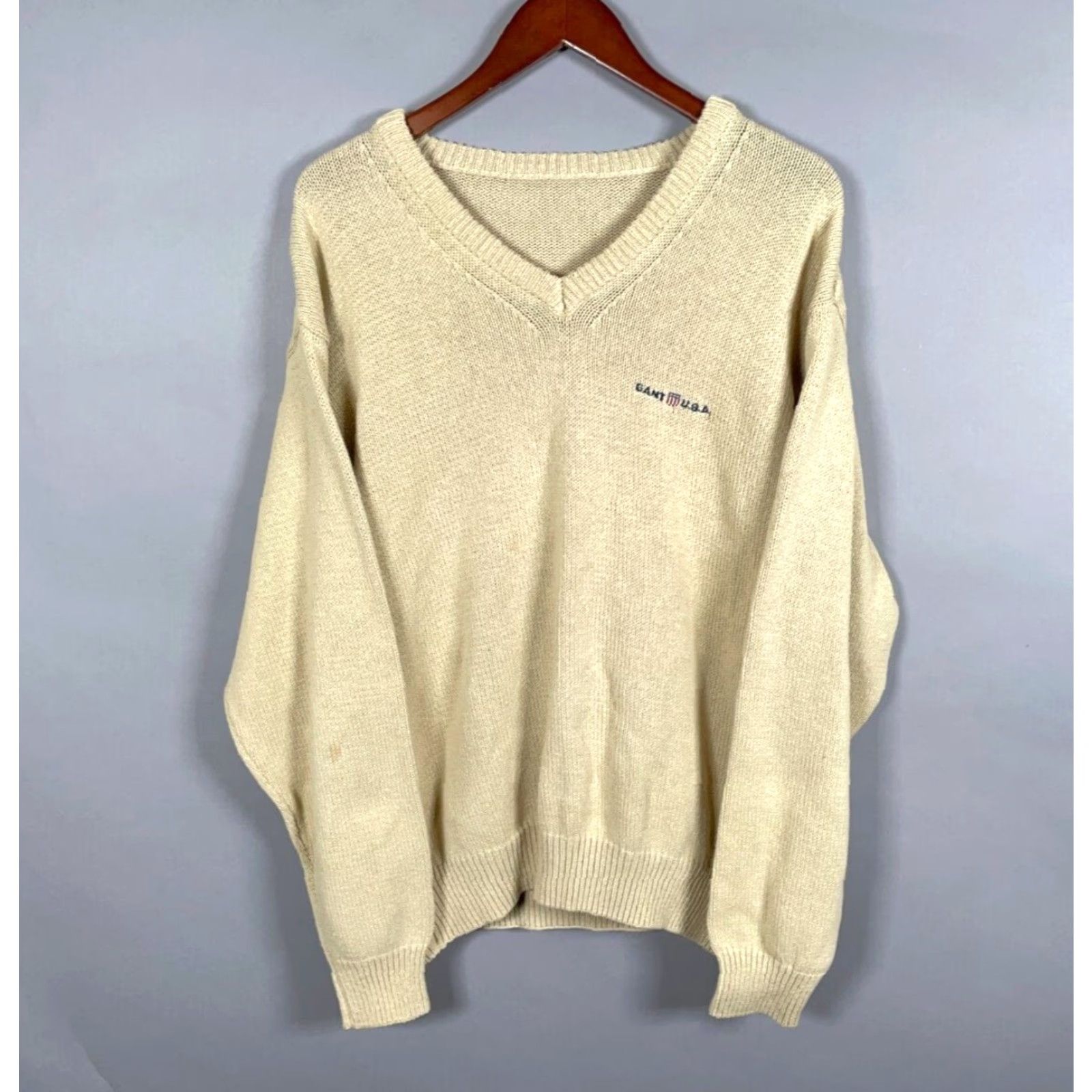 Gant VINTAGE GANT USA Sweater Adult Large Beige Cotton V-Neck Embroidered Preppy 90s Mens Size US L / EU 52-54 / 3 - 2 Thumbnail