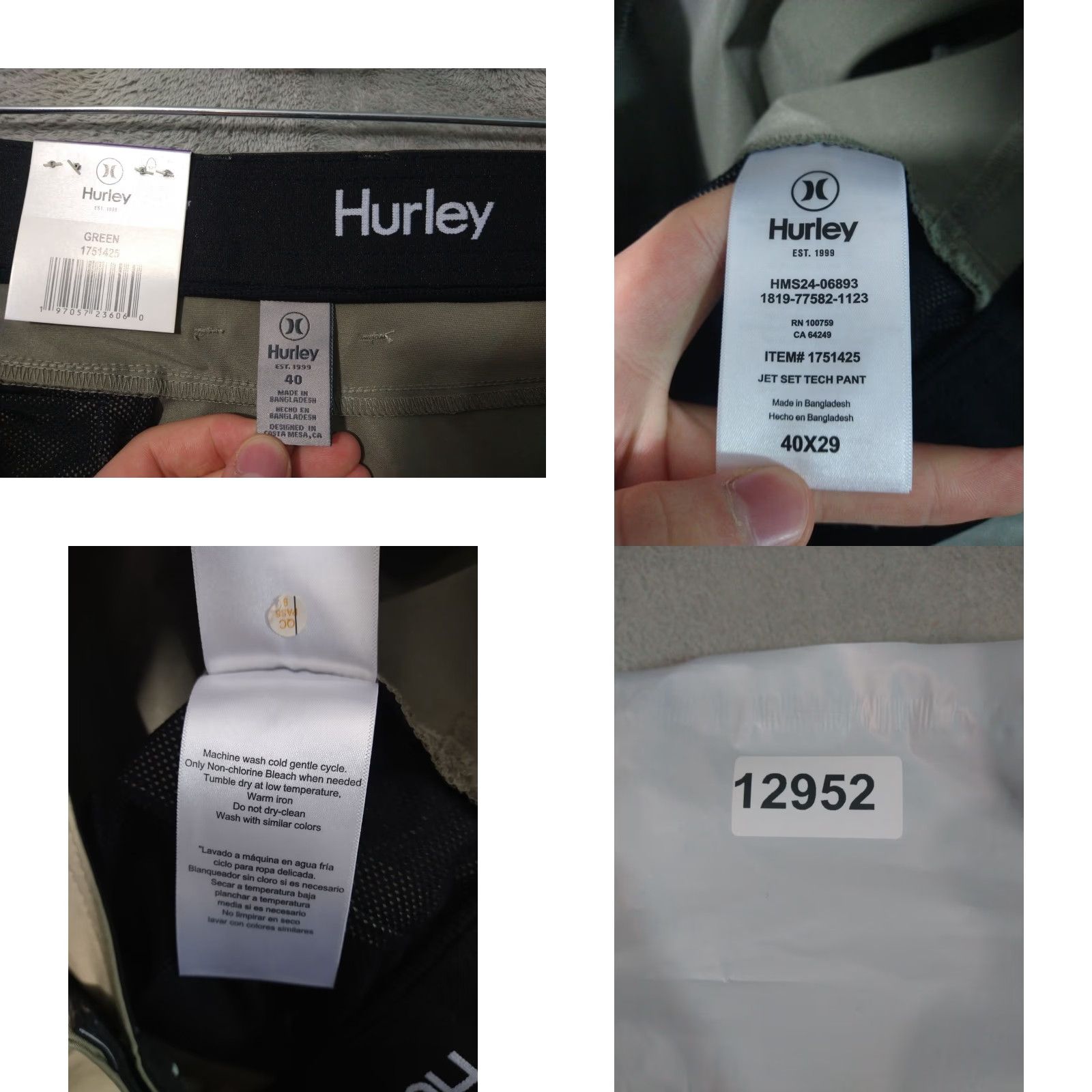 Hurley Hurley Pants Mens 40x29 Green Jet Set Tech Straight Leg Stretch Rise Mid Regular Inseam 29 Solid Folded Front Zip Button Casual Pants Size US 40 / EU 56 - 8 Thumbnail