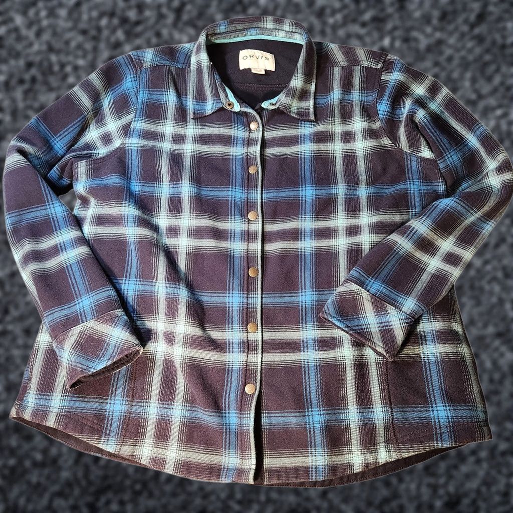 Orvis VINTAGE Orvis Shirt Mens 2XL Blue Green Plaid Heavyweight Flannel Shacket 100% Cotton Size US XXL / EU 58 / 5 - 1 Thumbnail