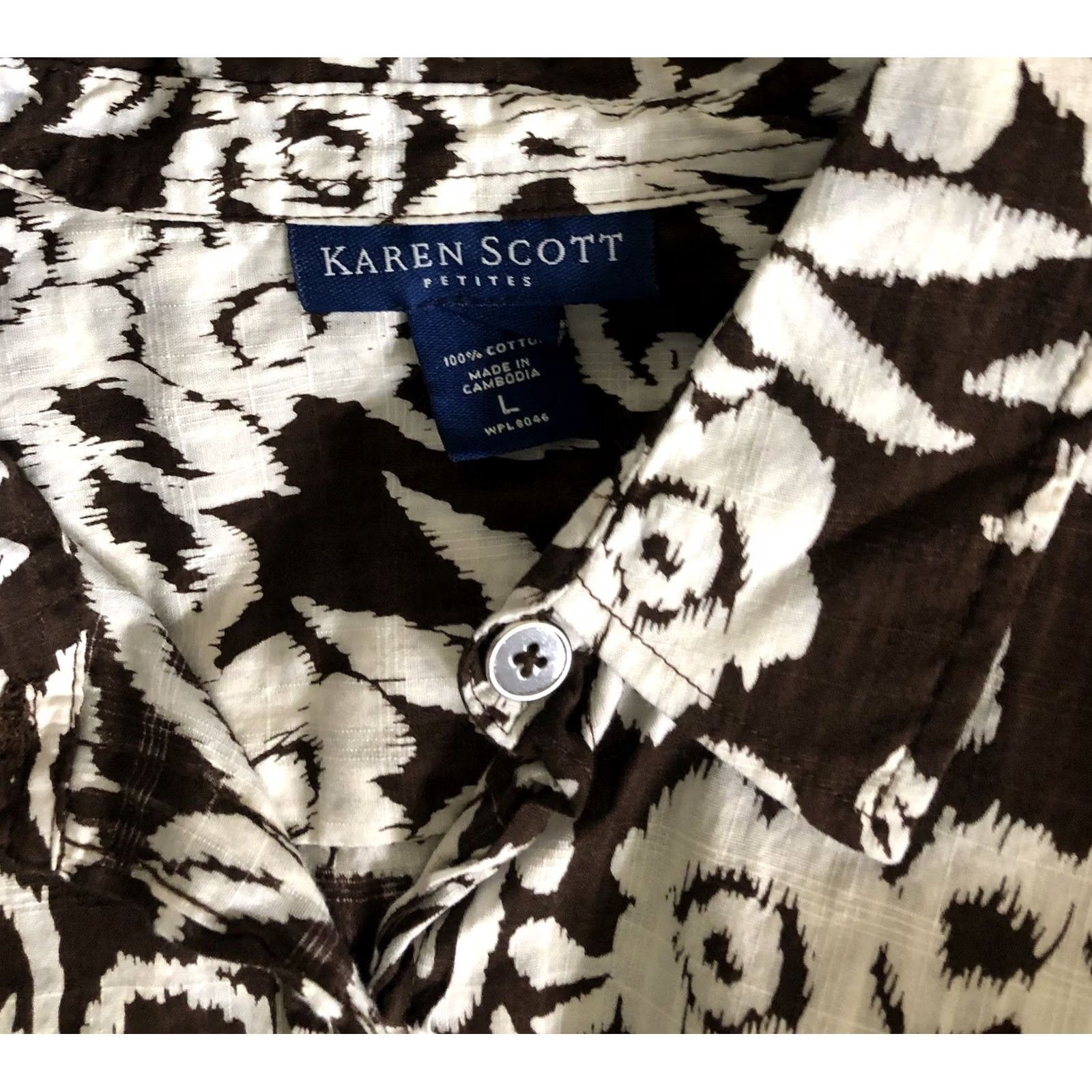 Vintage Karen Scott ButtonUp Top L Brown Floral 3/4 Roll Tab Sleeve Capsule Tropical Size L / US 10 / IT 46 - 4 Thumbnail