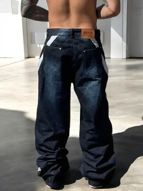 Jean Blue Wide Leg Stripe Patchwork Denim Jeans, Oversized Jeans Size US 30 / EU 46 - 4 Thumbnail