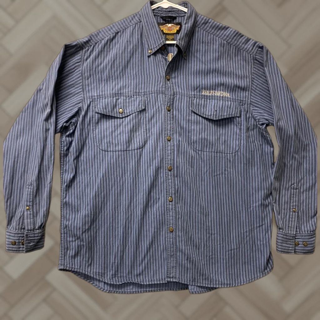 Harley Davidson VINTAGE Harley-Davidson SHIRT Men XL Blue Striped Button-Up Motorcycle 104-24 Mens Size US XL / EU 56 / 4 - 1 Thumbnail