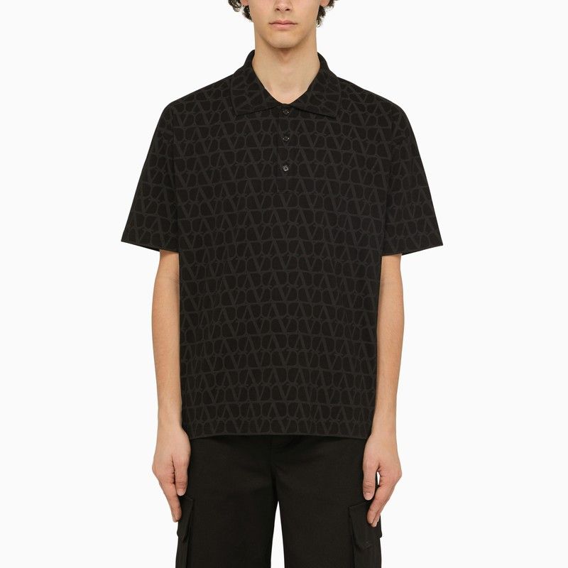 image of Valentino Black Polo With Toile Iconographe Print, Men's (Size XL)