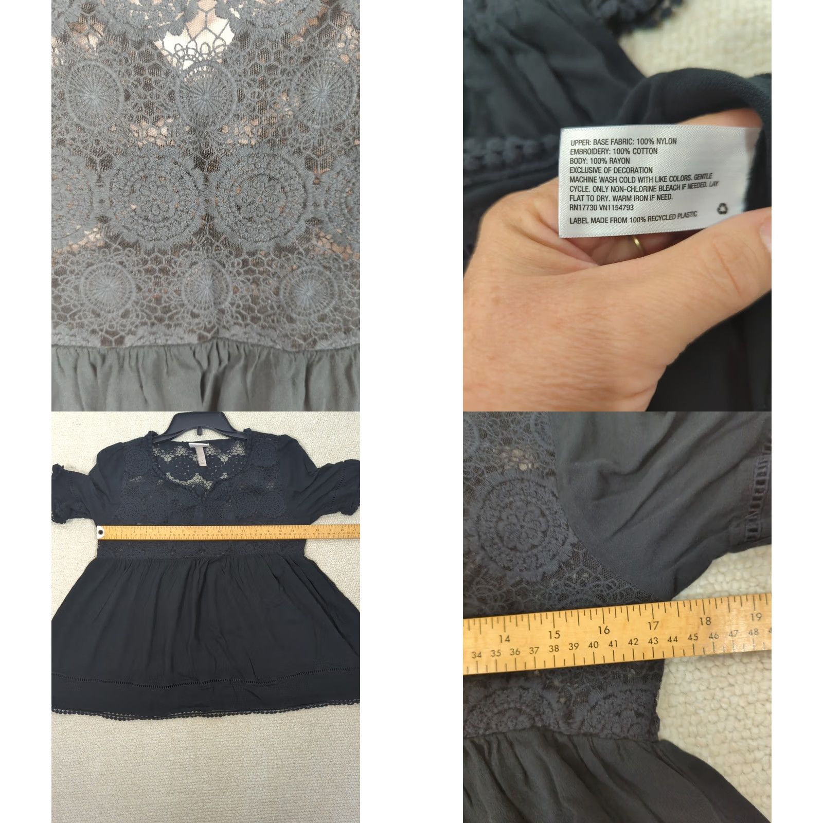 Vintage Knox Rose Women Top Small Black Crochet Lace V-Neck Short Sleeve Pullover Prairie Peasant Casual Sleeve Relaxed Fit Blouse Size S / US 4 / IT 40 - 8 Thumbnail