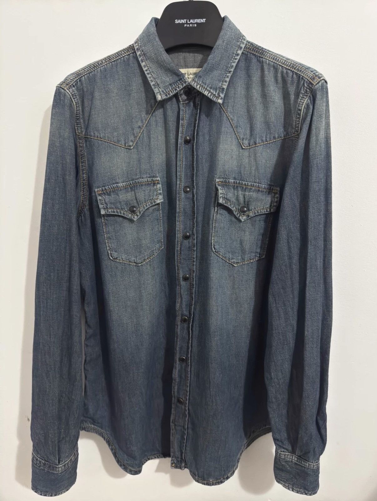 Saint Laurent Paris Saint Laurent Dark Blue Cat's Eye Double-Pocket Denim Shirt Size US M / EU 48-50 / 2 - 1 Thumbnail