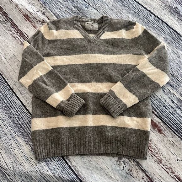 Express Vintage Express 100% Wool V-Neck Sweater in Gray Stripes Y2K Size US L / EU 52-54 / 3 - 2 Thumbnail