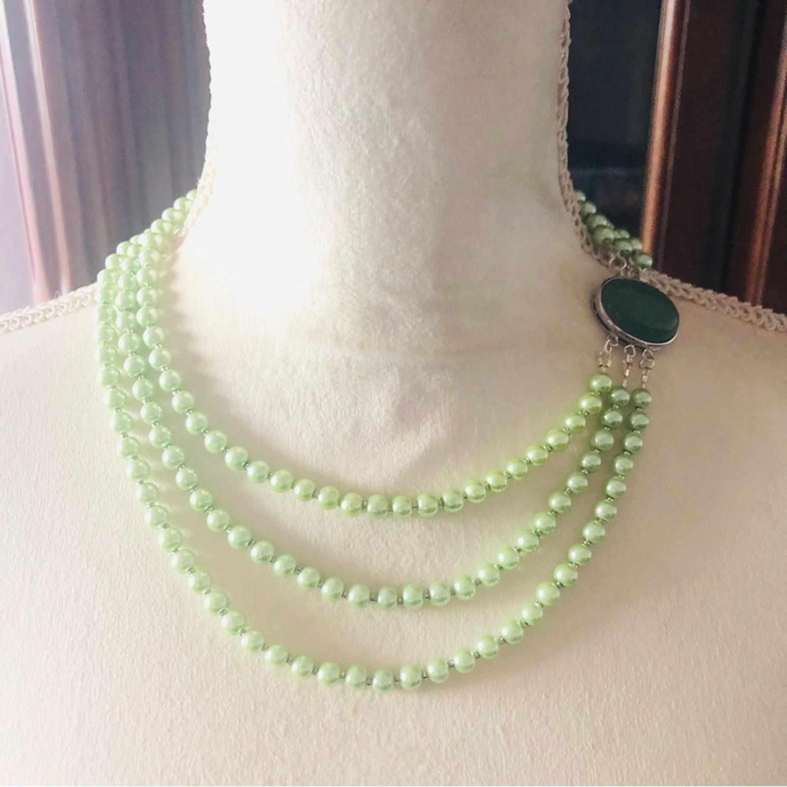 Handmade Handcrafted triple strand glass Pearl aventurine neckla Size ONE SIZE - 2 Thumbnail