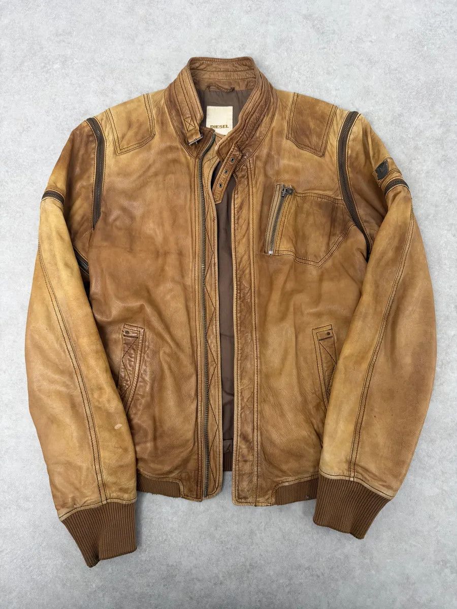 Diesel 2000s Diesel Sun Faded Brown Multi-Zip Leather Jacket Size US M / EU 48-50 / 2 - 5 Thumbnail