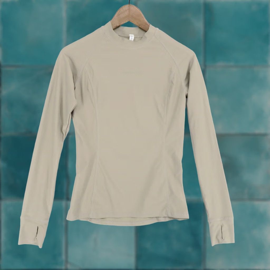 Vintage An Action A Day Activewear Shirt Womens L Beige Grid Texture Mock Neck Long Size L / US 10 / IT 46 - 1 Thumbnail
