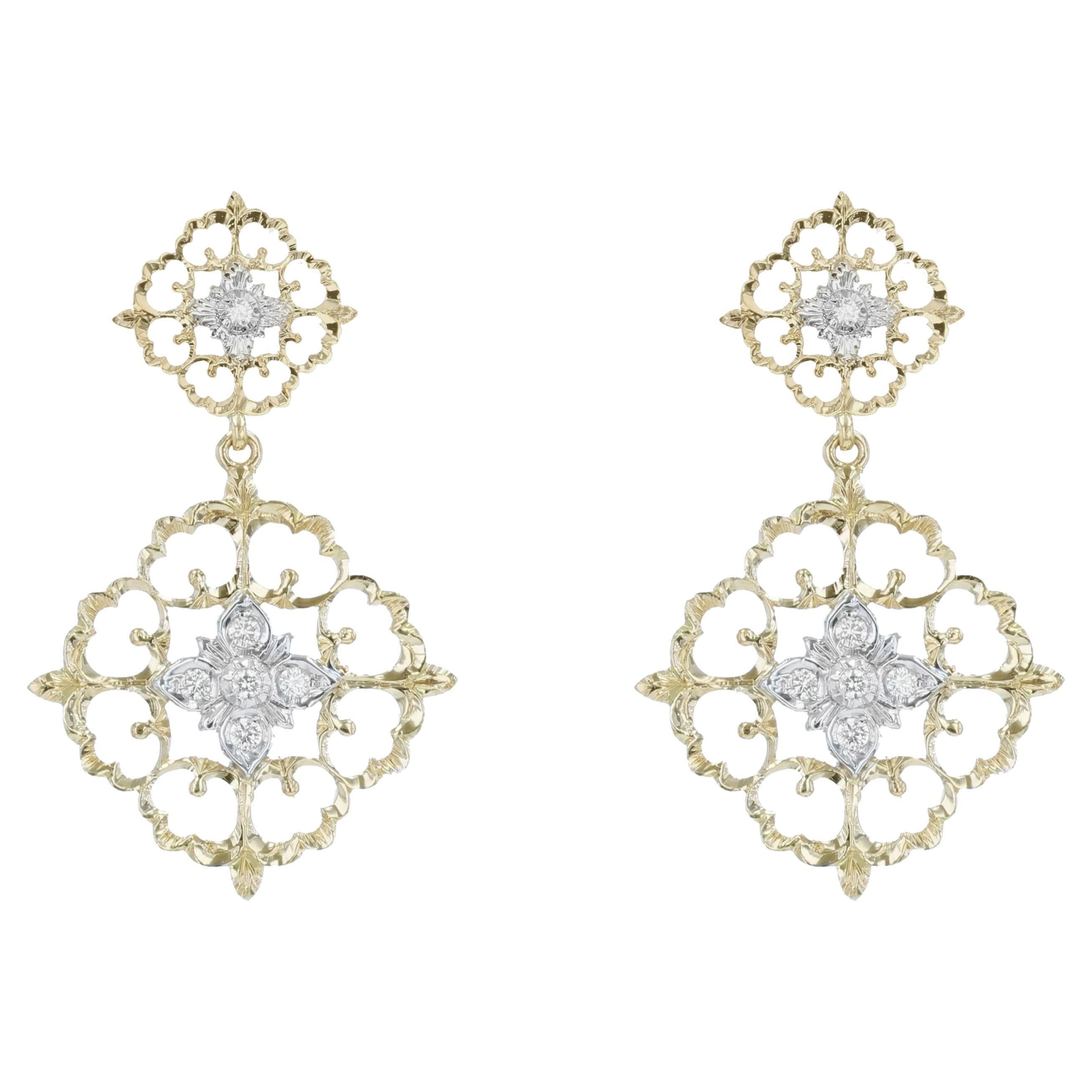image of Vintage Modern Diamonds 18 Karat Yellow White Arabesque Dangle Earrings, Women's