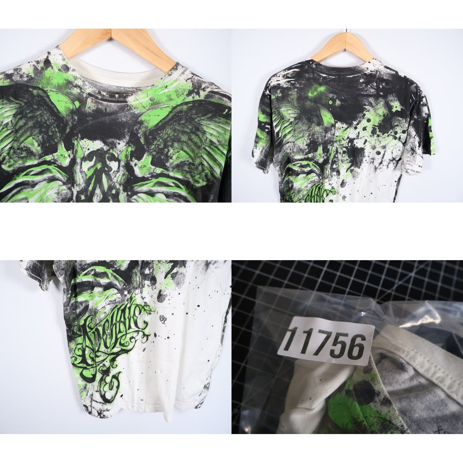 Affliction Affliction Archaic T-Shirt Men L White Green Wings Bones Tribal AOP Y2K Graphic Print Crew Neck Short Sleeve Size US L / EU 52-54 / 3 - 8 Thumbnail