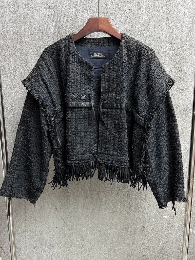 Issey Miyake Leather woven fringed silhouette jacket
