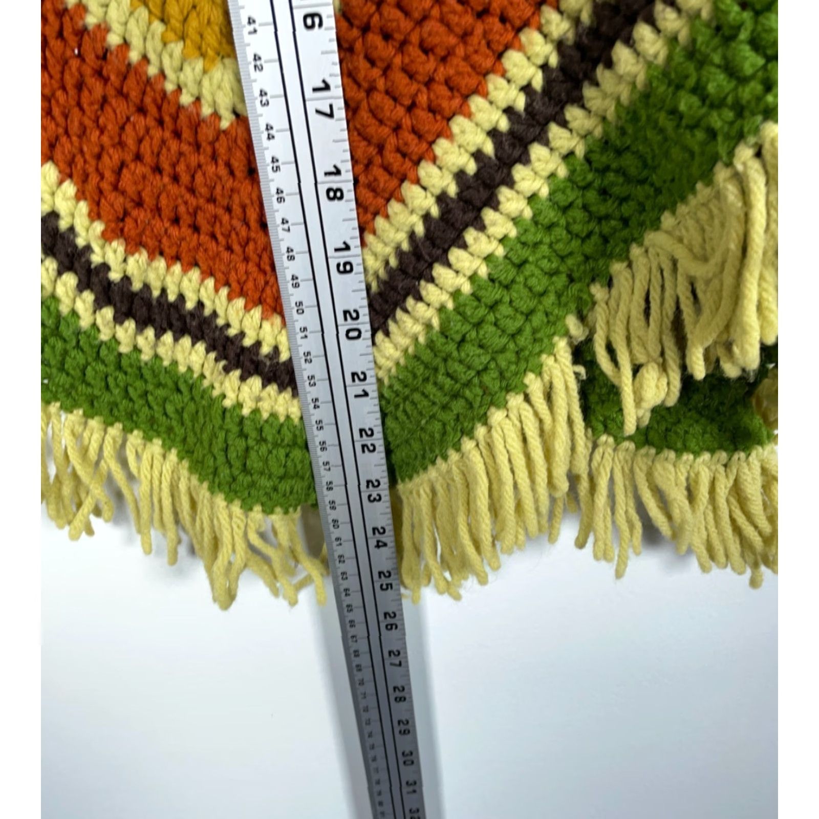 Vintage VINTAGE Handmade Crochet Poncho Women's OS Green Orange Yellow Fringe Grandma Shawl 70s Size ONE SIZE - 6 Thumbnail
