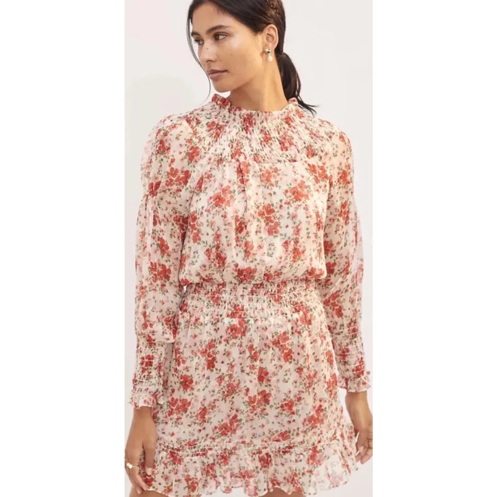 MISA Los Angeles Misa Los Angeles Floral Poppy Popover Ruffle Mini Dress Women Large Multicolor Made In USA Size L / US 10 / IT 46 - 2 Thumbnail