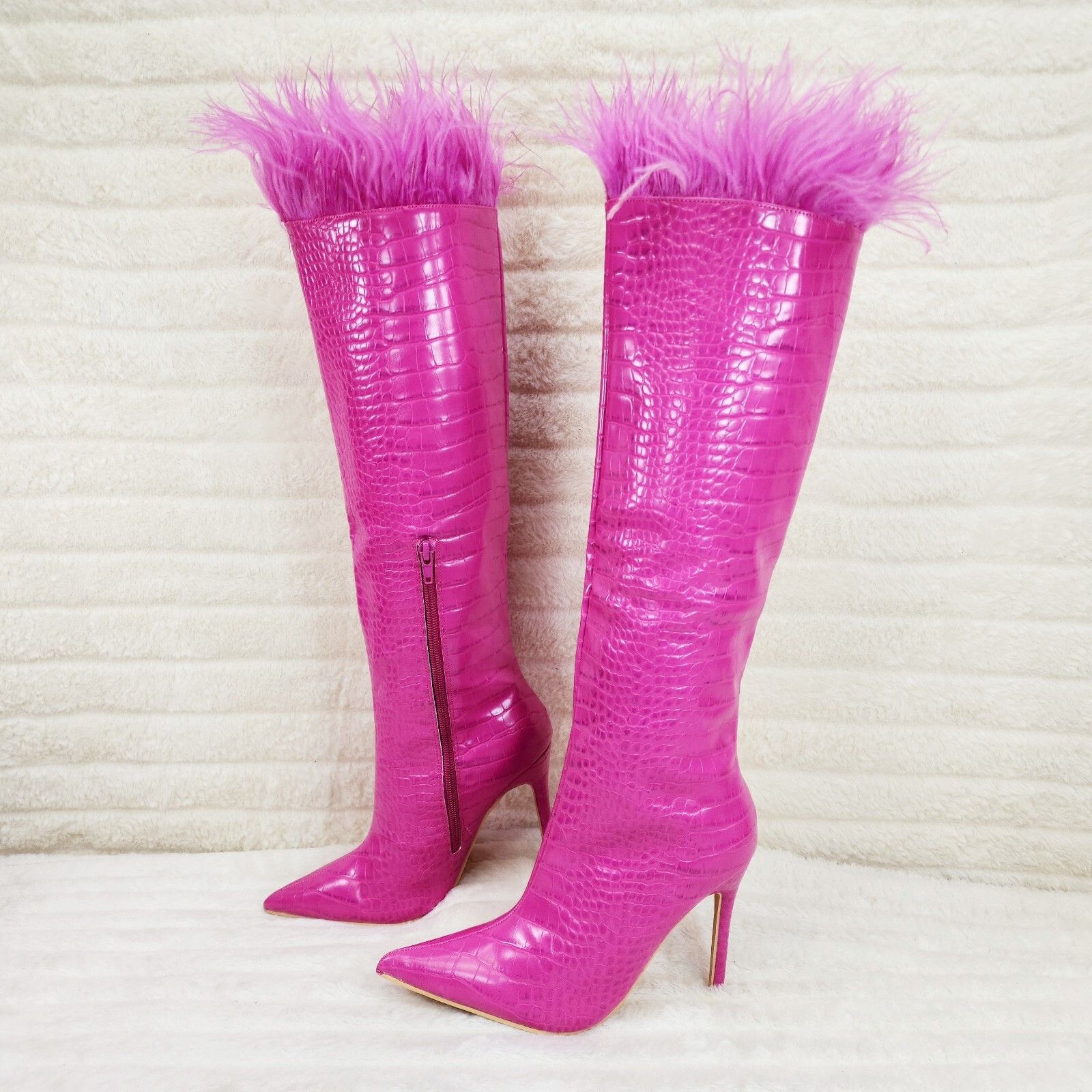 Other Flirty Fuchsia Pink Snake Texture Knee High Heel Stiletto Bo Size US 7 / IT 37 - 1 Thumbnail