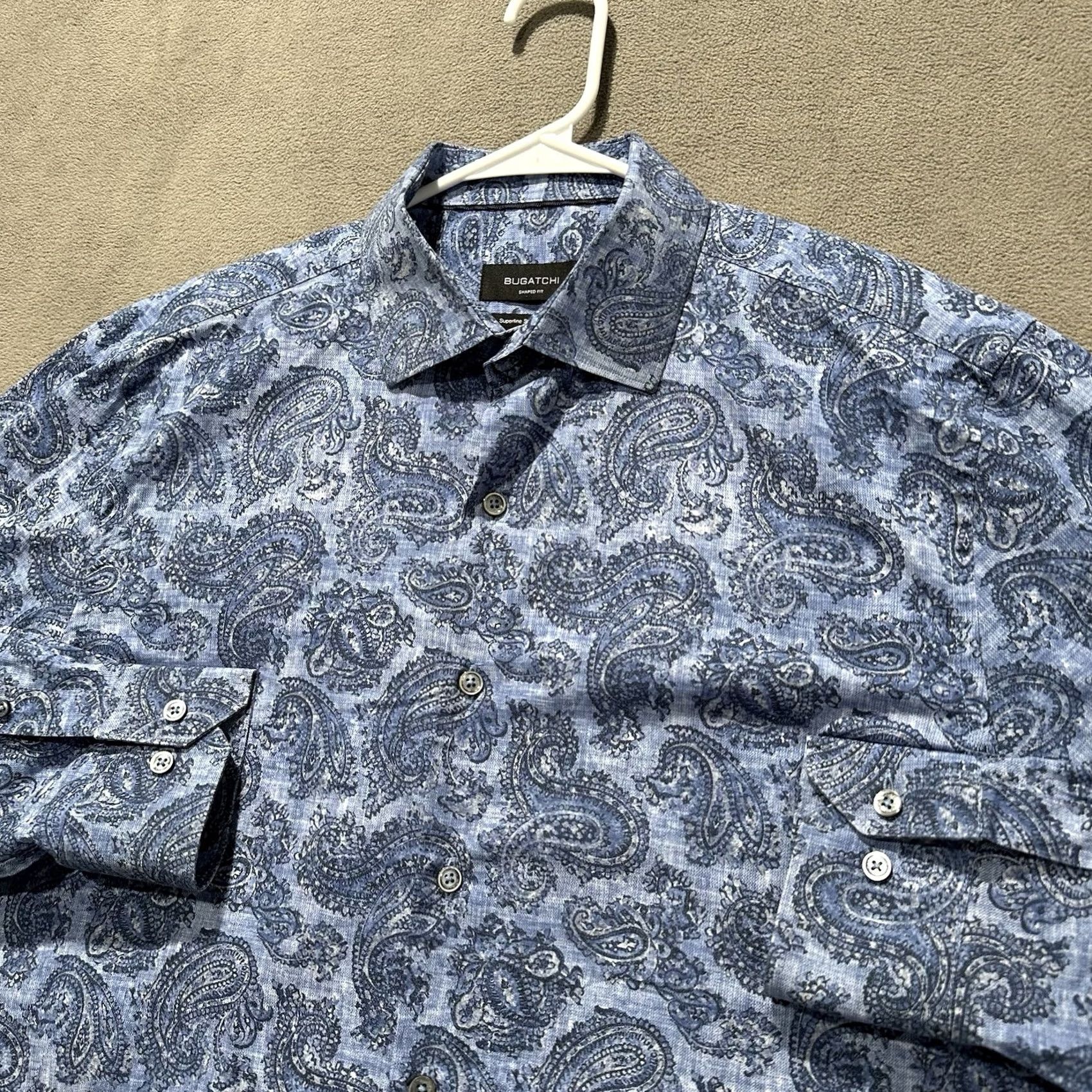 BUGATCHI Bugatchi Shirt Mens Large Blue Paisley Print Shaped Fit Superfine Stretch Cotton Size US L / EU 52-54 / 3 - 2 Thumbnail