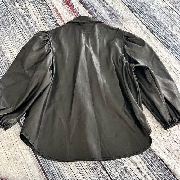 Zara Zara Black Faux Leather Puff-Sleeve Button-Down Shirt Size M / US 6-8 / IT 42-44 - 3 Thumbnail