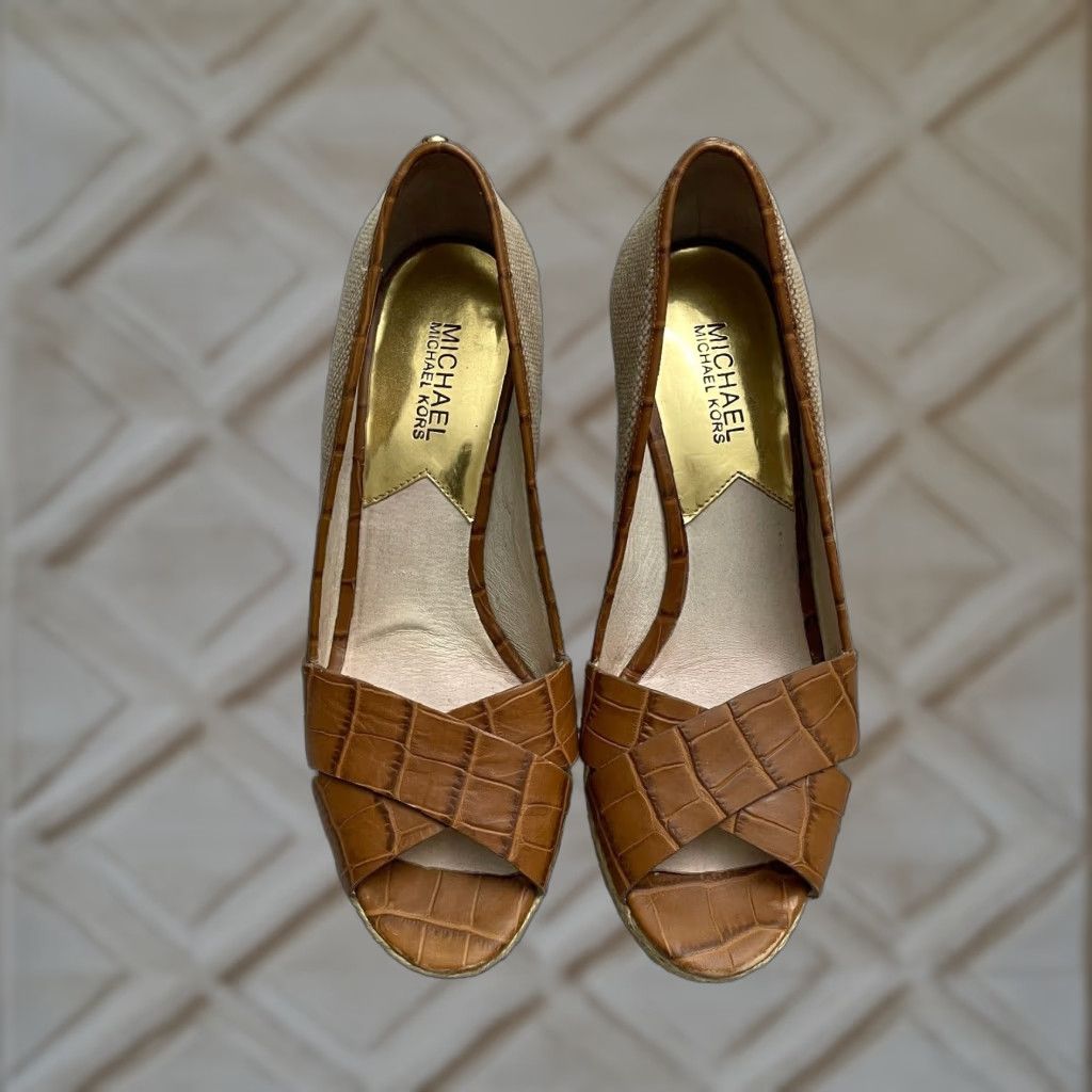 Michael Kors Micheal Michael Kors Wedge Sandals Womens 9M Brown Slip On Espadrille Peep Toe Leather Upper Cork Insole Logo Breathable Comfort Size US 9 / IT 39 - 1 Thumbnail