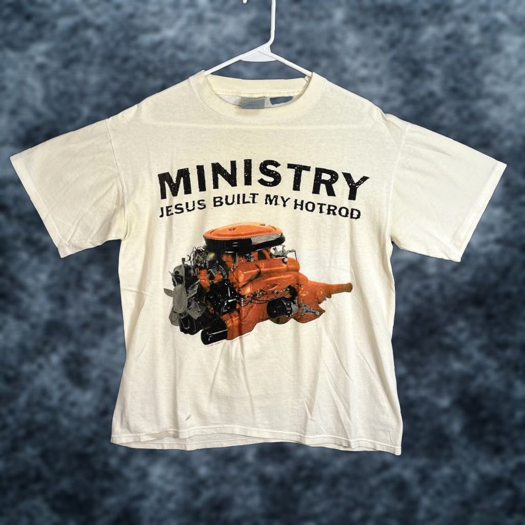 Vintage VINTAGE Ministry Band Jesus Built My Hotrod Shirt Adult Large White Mens Size US L / EU 52-54 / 3 - 1 Thumbnail