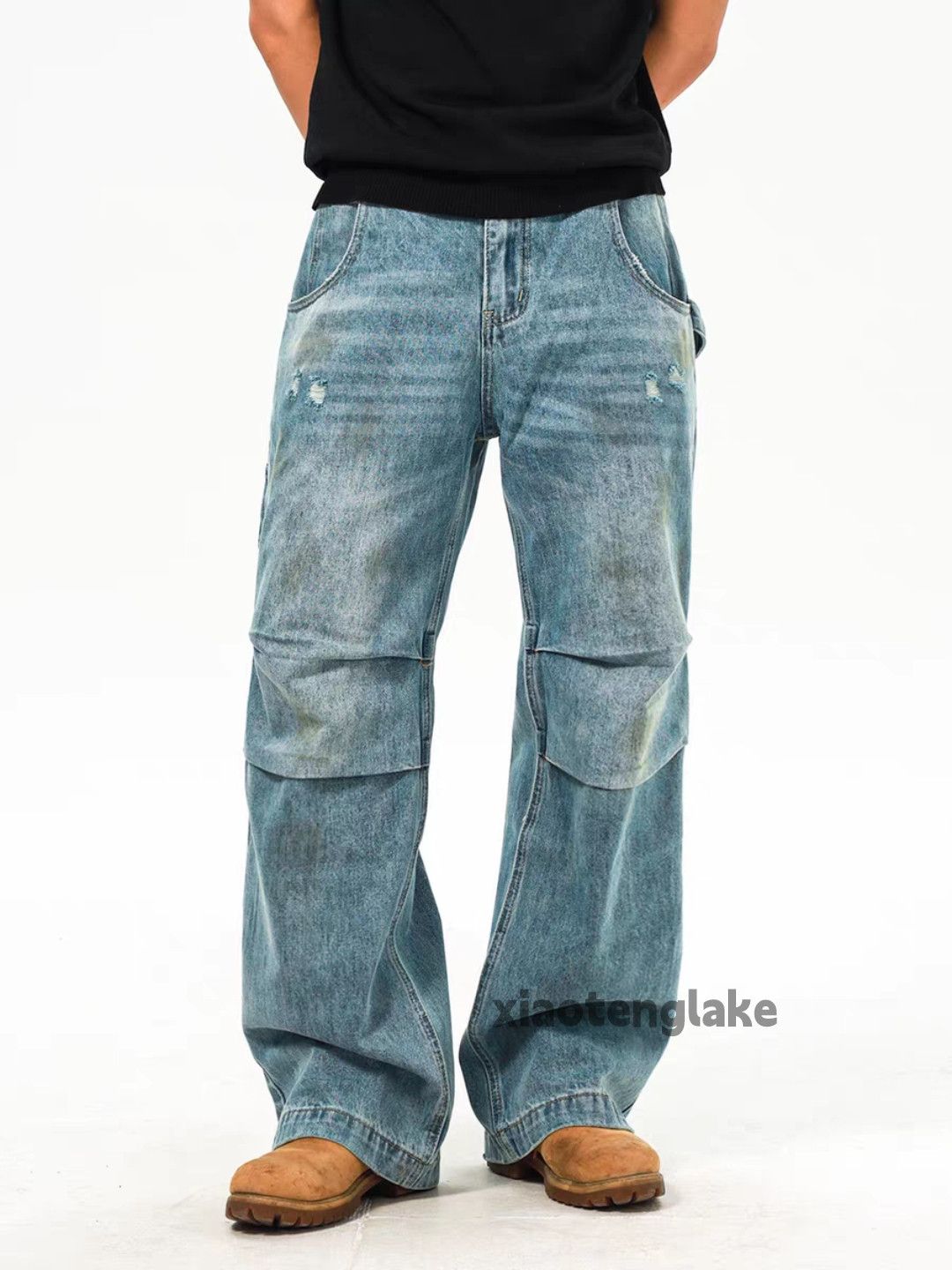 Jean Unisex washed faded loose baggy pleated carpenter jeans Size US 28 / EU 44 - 3 Thumbnail