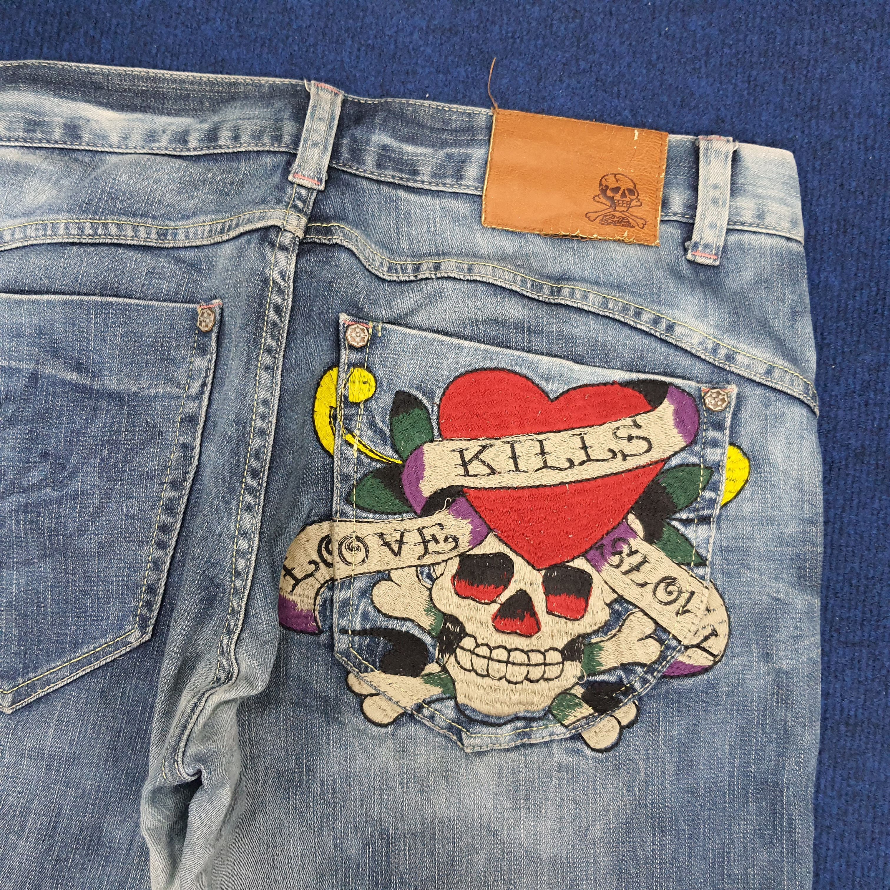 Designer × Ed Hardy × Vintage Vintage Ed Hardy Love Kills Slowly Embroidered Skull Jeans Size US 35 - 4 Thumbnail