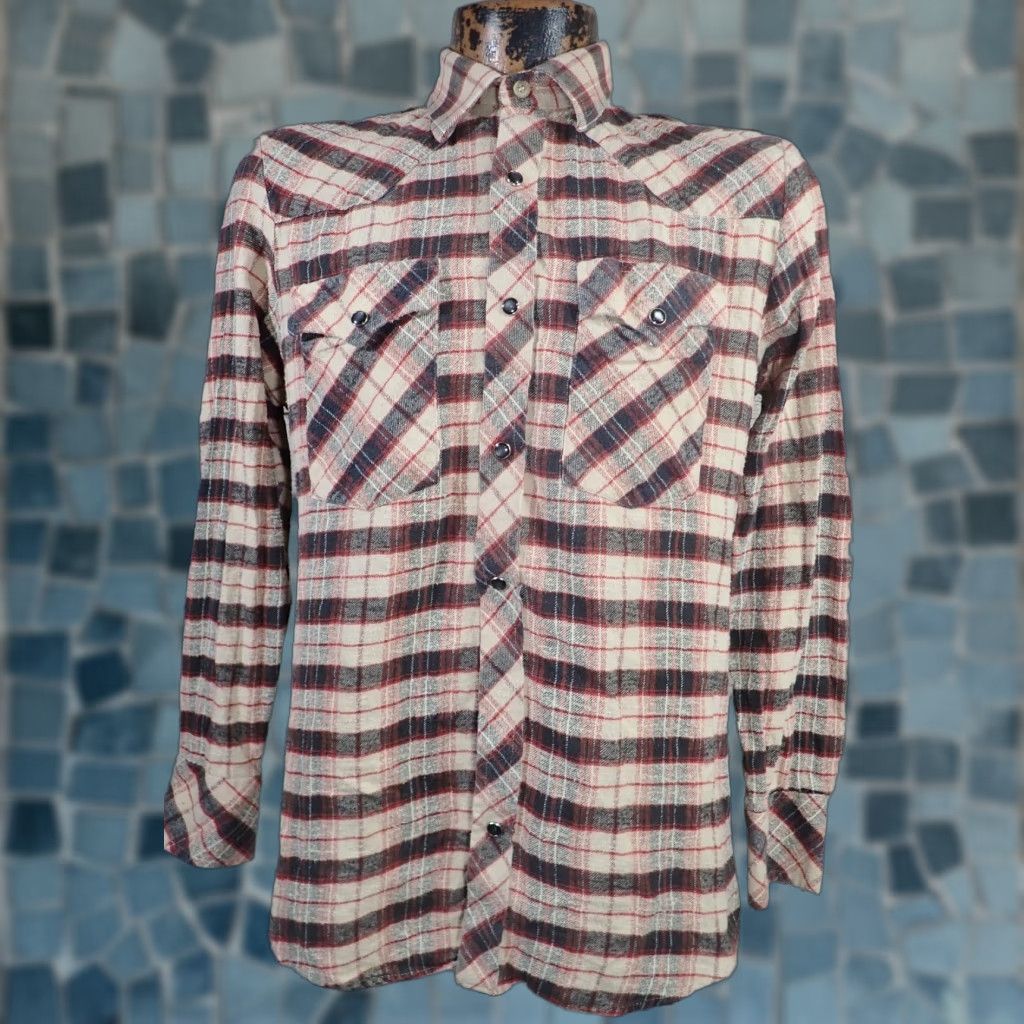 Vintage VINTAGE Roebuck Western Shirt Flannel Pearl Snap Black Tan Red Plaid Adult Small 80s 90s Casual Mens Size US S / EU 44-46 / 1 - 1 Thumbnail