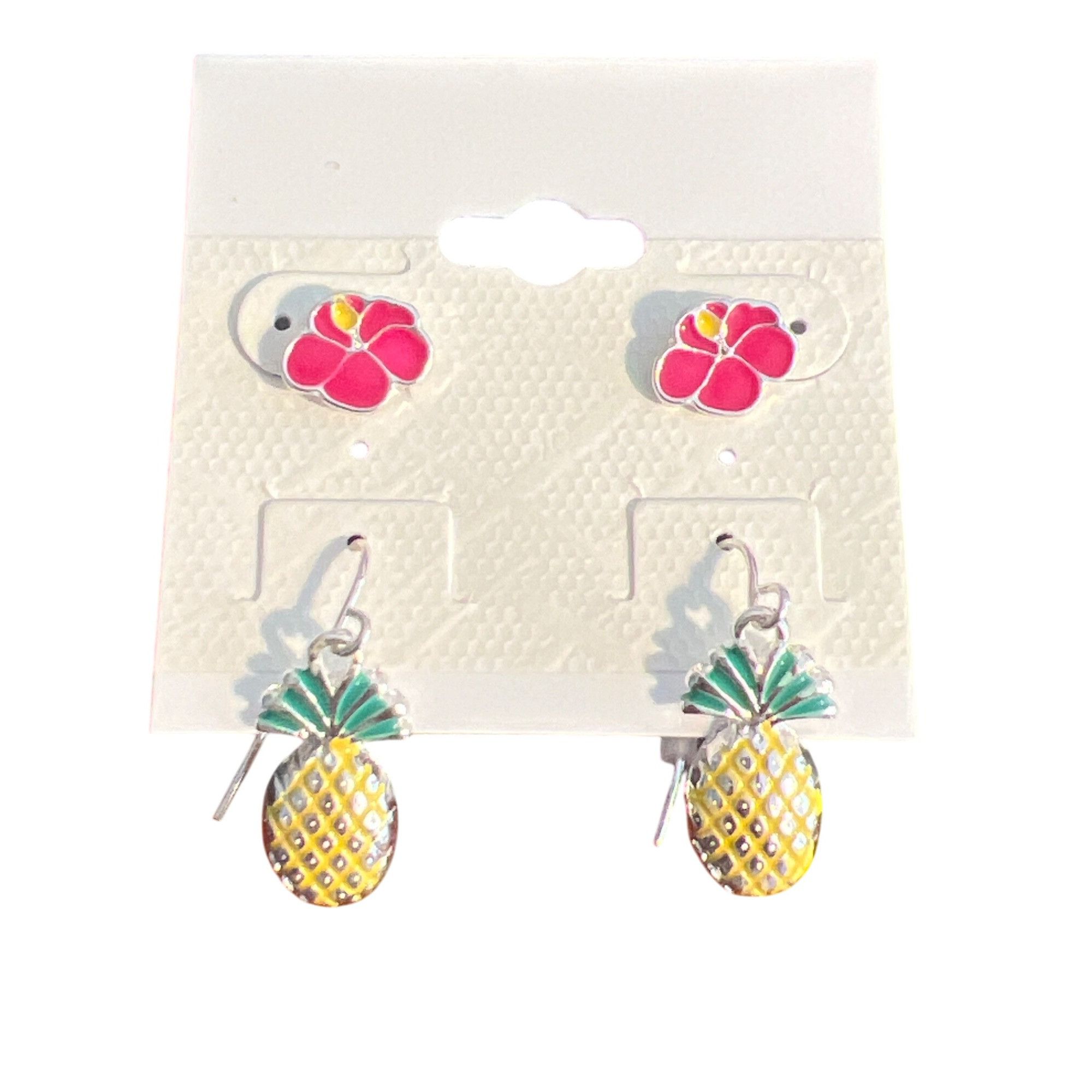 Other Pineapple Hibiscus Plumeria Stud Dangle Earrings Set Silver Size ONE SIZE - 1 Thumbnail