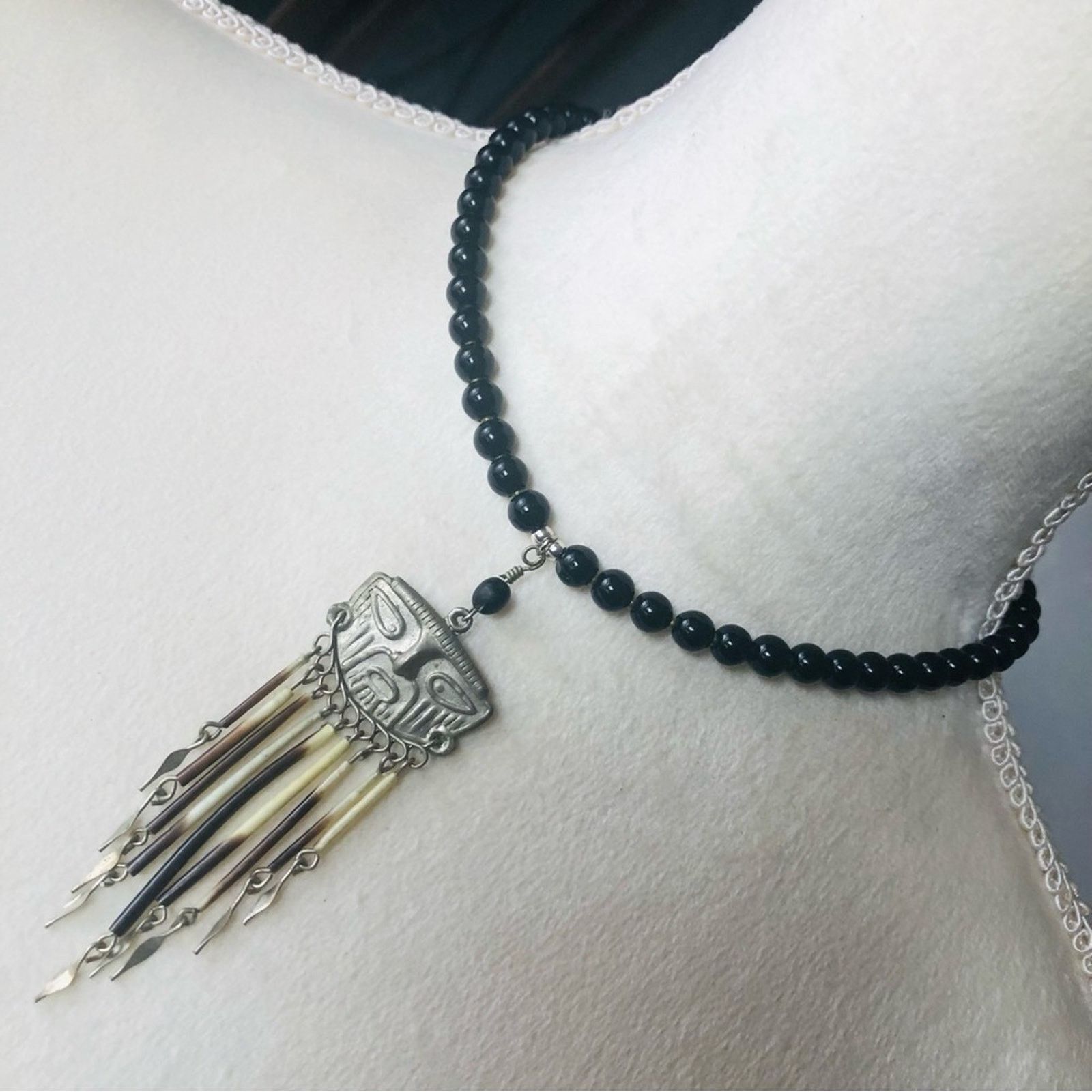 Handmade Handcrafted repurpose tribal look face fringe Pearl necklace Size ONE SIZE - 1 Thumbnail