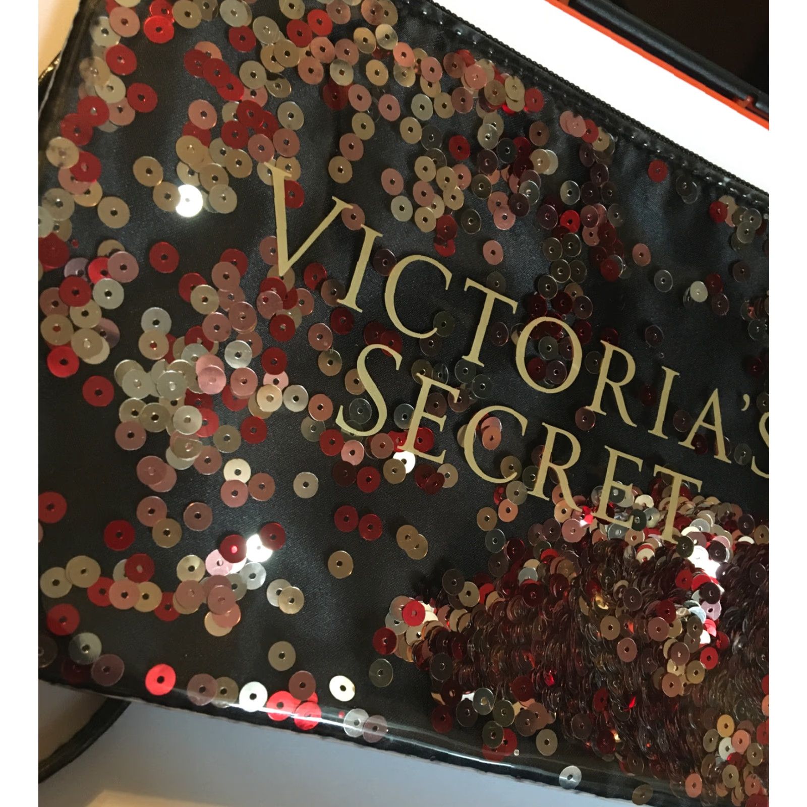 Victoria's Secret Victoria's Secret Wristlet Cosmetic Bag Zippered Sequin Bling Confetti Black Vinyl 9" x 6" x 5" Women Medium Size ONE SIZE - 3 Thumbnail
